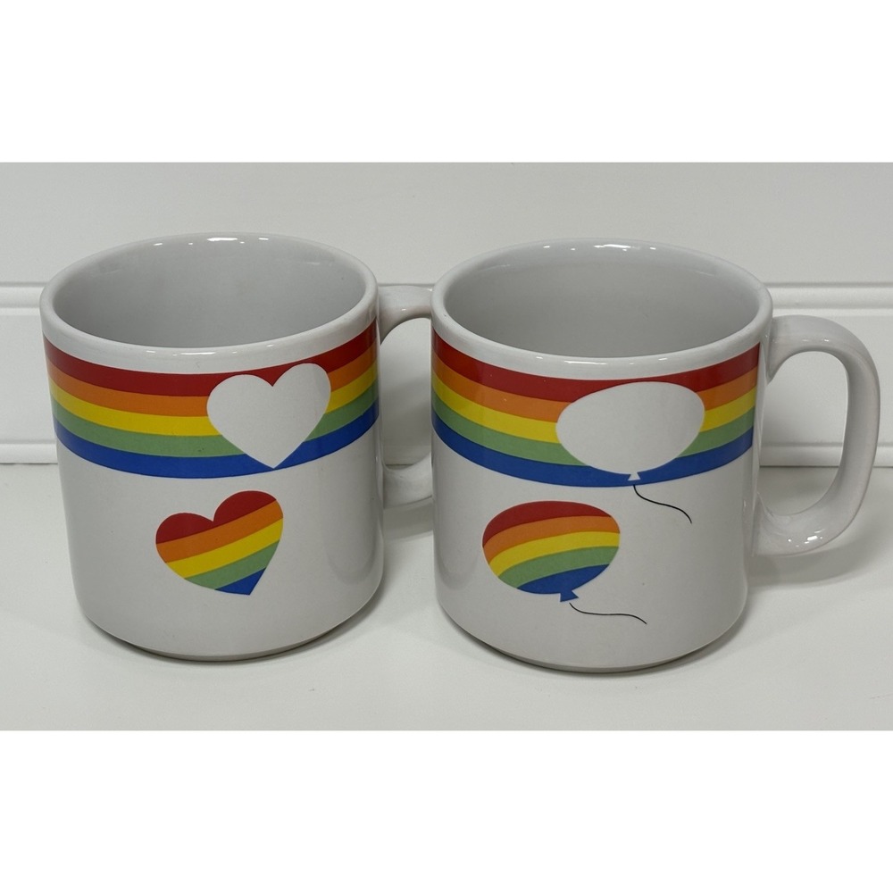 Vintage 80s Lot Of 2 Rainbow ❤️ & 🎈Coffee Mugs Pride LGBTQ Russ Bernie & Co